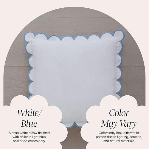 BEBE BASK Scalloped Pillow Cover - Set of 2-18 x 18 Inch - Scallop Pillow Cover – White and Blue Scalloped Pillows - Scallop Pillows - 100% Cotton - Grandmillennial Style (White/Blue) thumbnail 5