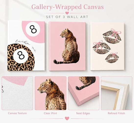 3pcs Pink Cheetah Wall Art Preppy Leopard Wall Decor 12x16in Framed | Leopard Bow Print Painting Lucky 8 Ball Poster Fashion Aesthetic Picture for Girly Bedroom Dorm Apartment thumbnail 8