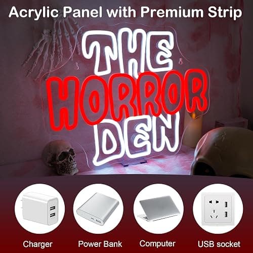 Horror Den Neon Sign Retro Scary Neon Light for Wall Decor Gothic Theme LED Light up Spooky Sign Dimmable Horror LED Signs Indoor Gothic Decor in Game Room Ideal Gifts for Scary Movie Fans thumbnail 6