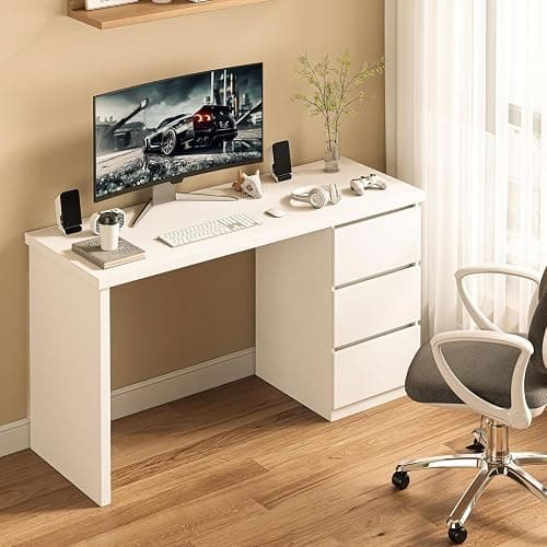 furtble White Desk with Drawers, 47'' W Home Office Desk Gaming Table, Modern Vanity Desk with Storage, Wood Computer Desk Writing Workstation for Bedroom, Living Room thumbnail 5