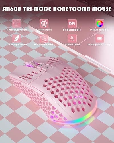 SOLAKAKA SM600 Pink Wireless Gaming Mouse with Honeycomb Shell, Side Buttons,Tri-Modes(BT5.1+BT5.1+2.4GHz) Lightweight RGB Wireless Mouse for PC/Tablet/Desktop/Office/Games thumbnail 2