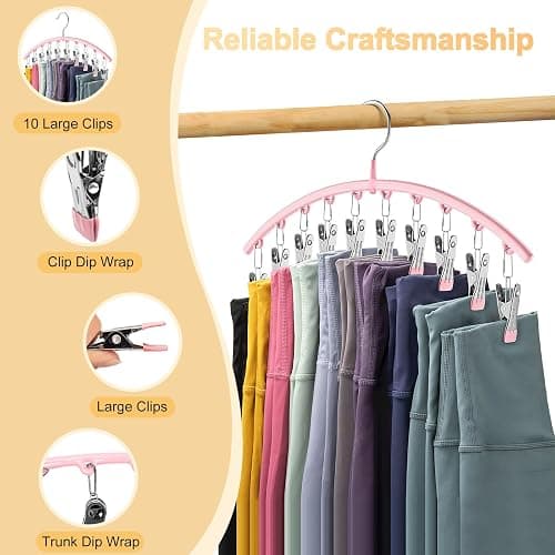 Legging Organizer for Closet, Metal Yoga Pants Hangers 2 Pack w/10 Clips Holds 20 Leggings, Space Saving Hanging Closet Organizer w/Rubber Coated Closet Organizers and Storage, Pink thumbnail 8