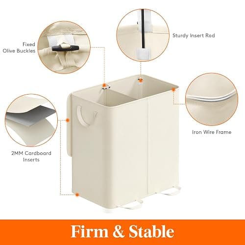 Lifewit Double Laundry Hamper with Lid and Removable Laundry Bags, Large Collapsible 2 Dividers Dirty Clothes Basket with Handles for Bedroom Laundry Room Closet Bathroom College, 136L Ivory White thumbnail 3