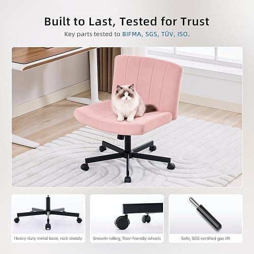 amseatec Criss Cross Office Chair with Wheels, Fabric Makeup Vanity Chair | Extra-deep 20.5" seat for cross-legged sitting. 330 lbs, SGS gas lift. 90-115° tilt, 360° swivel. Soft fabric, armless thumbnail 6