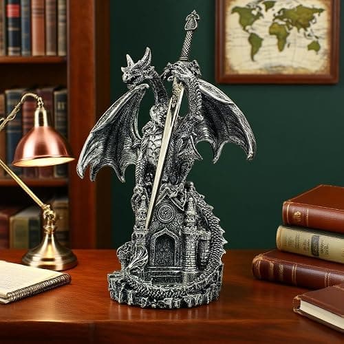 Hmusnwol Dragon Statue with Medieval Sword-Collection Figurine Fantasy Decor - Silvery Dragon Standing Gothic Castle for Tabletop Bookshelf Housewarming Gifts thumbnail 7