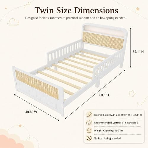 Twin Bed with Rails, Wood Twin Bed Frame with LED Lights and Storage Headboard, Twin Platform Bed Frame with Headboard, Wooden Twin Bed Frame for Kids with Side Rails, No Box Spring Needed, White thumbnail 2