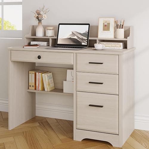 4 EVER WINNER Small Desk with Drawers, Computer Desk with File Cabinet & Monitor Stand, Home Office Desks with Drawers, Wood Writing Desk for Bedroom, Off White thumbnail 6