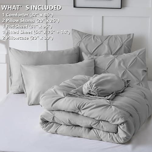 CozyLux Full Size Comforter Sets Light Grey, 7 Pieces Pintuck Bed in A Bag Gray Comforter Full Size, Pinch Pleat Bedding Sets with All Season Comforter, Sheets, Pillowcases & Shams thumbnail 7