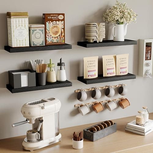 Fixwal Floating Shelves for Wall, Wall Mounted Rustic Wood Shelves for Bathroom, Living Room, Bedroom and Kitchen, Wall Shelves for Storage,Books,Room Decor (Black, Set of 4, 15.8 Inch) thumbnail 7