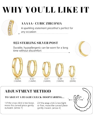 JEMARA Silver Hoop Earrings Minimalist 14K Gold Plated Hypoallergenic 925 Silver Huggie Cartilage Sleepers Earrings for Women Men thumbnail 5