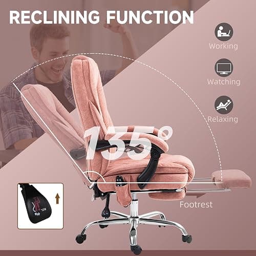 Vinsetto Massage Office Chair with Foot Rest, Executive Computer Desk Chair with 6 Vibration Point and Heat, Reclining Backrest, Swivel Wheels, Adjustable Height, Pink thumbnail 6