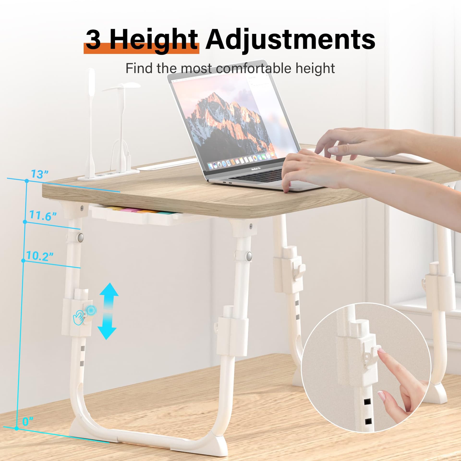 Laptop Desk for Bed Height Adjustable, Lap Bed Table with USB/Storage Drawer/Cup Holder/Tablet Stand/Book Shelf, Foldable Breakfast Tray Portable for Reading Writing, Sofa & Floor, Glacier thumbnail 2