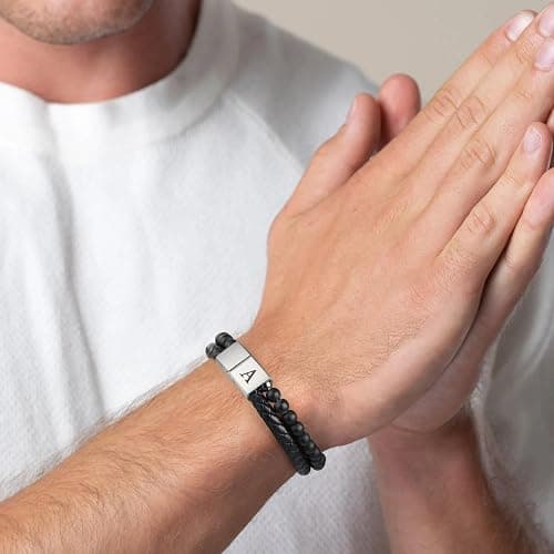 LUXEJEW Gifts for Men - Mens Bracelet, Beaded Leather Initial Bracelet 6mm Matte Agate Stone Handmade Bracelets Adjustable Stainless Steel Magnetic Clasp Mens Jewelry Gifts thumbnail 4