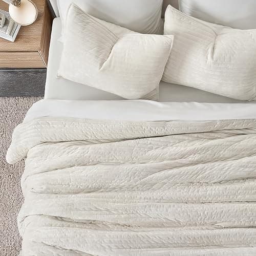 EVERGRACE Velvet Quilt Set King Size, Luxurious Soft Striped Channel Bedding Set, Lightweight Velvet Comforter for All Season, Oversized Bedspread Coverlet with 2 Matching Shams, Ivory White thumbnail 3