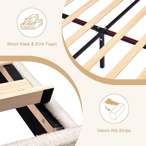 VECELO Twin Bed Frame Upholstered Platform Bed Frame with Height Adjustable Teddy Fabric Headboard, Strong Wood Slats Supports 7.9'' Under Bed Space Noise Free No Box Spring Needed, Cream thumbnail 5