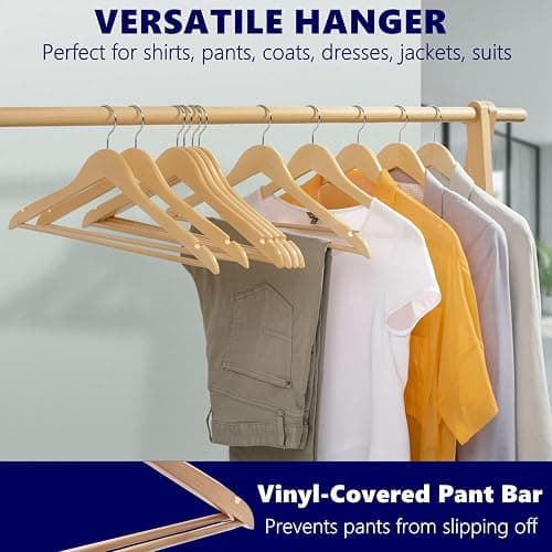 Amber Home 20 Pack Wooden Coat Hangers, Natural Wood Suit Hangers with Non Slip Pant Bar, Clothes Hangers for Shirts, Jackets, Dress, Pant (Natural, 20) thumbnail 6