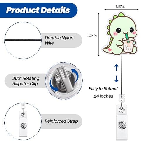 Dino With Iced Coffee Funny Medical Badge Reel | Retractable ID Card Dinosaur Badge Holder | Name Tag Work Badge Clip for RN LPN CNA MA Night Shift Nurse Nursing Student Doctor | Nurse Gifts | Acrylic thumbnail 3