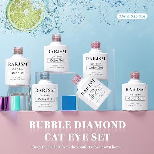 RARJSM Glassy Cat Eye Gel Nail Polish Set 6Pcs Nude Rose Purple Pink Blue Velvet Ice Jelly Silver Shimmer Ceramic Bubble Diamond Cateye Gelpolish with Magnetic Stick Curing Require Home Salon thumbnail 6