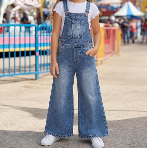 KIDSCOOL Girls Denim Overalls, Little Big Wide-Leg Jean Dungarees Pants | Breathable Soft Cotton Denim,Baggy Overalls,Loose Fit Jeans Jumpsuit , Overall Flare Pants for Teens thumbnail 2