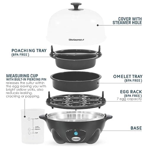 Elite Gourmet EGC710DKG Rapid Egg Cooker, 7 Easy-To-Peel, Hard, Medium, Soft Boiled Eggs, Poacher, Omelet Maker, Auto Shut-Off, Alarm, 16-Recipe Booklet, BPA-Free, Ash thumbnail 4