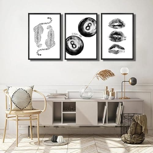 3Pcs Unframed Black White Funky Cheetah Wall Art Trendy Lucky 8 Ball Kiss Lips Painting Retro Y2K Aesthetic Canvas Poster Prints for Girls Bedroom Apartment Dorm Decorations(12x16in Poster) thumbnail 3