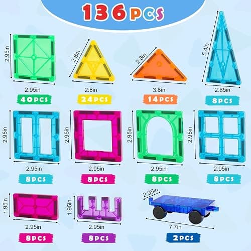 Gemmicc Magnetic Tiles, Deluxe 136 PCS Building Blocks Magnet Toys for Kids,3D Magnet Puzzles Stacking Blocks for Boys Girls,Huge Set with 2 Cars thumbnail 3