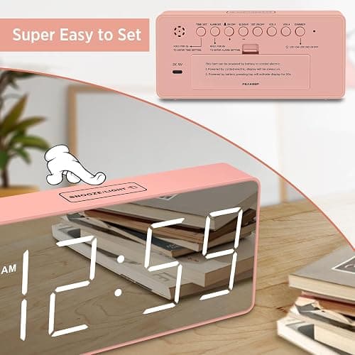 Peakeep Digital Clock, Alarm Clock Battery Backup Powered for Bedrooms - Mirror Face Large Numbers 6 Dimmers for Seniors, Super Loud for Heavy Sleepers (Pink) thumbnail 6