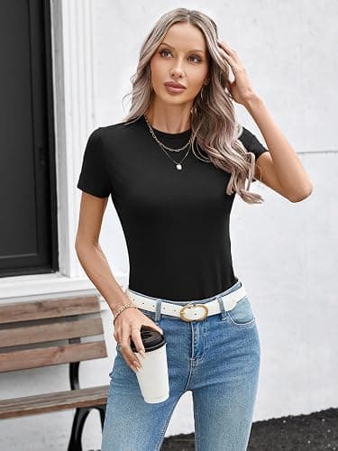 SANDERY Womens Round Neck Long/Short Sleeve Shirts Ribbed Casual Slim Fitted Tops Blouses thumbnail 5
