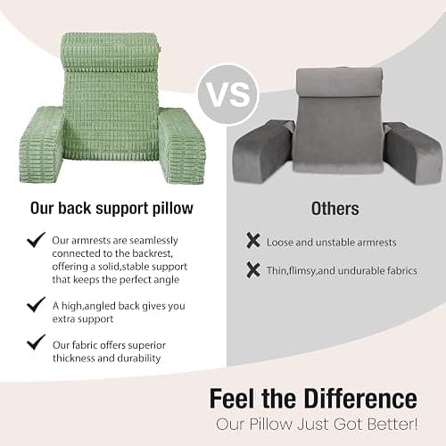 Selectico 19" Reading Pillow for Bed with Built-in Arms & Large Pockets, Supportive Backrest Cushion for Reading, Resting, or Reclining, Washable Cover – Sage Green thumbnail 3
