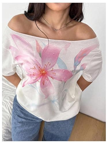 SHENHE Women's Plus Size Off The Shoulder Floral Print Summer Tshirts | Hibiscus Floral Print,Short Sleeve,Summer Tee Tops thumbnail 5
