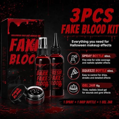 Halloween Fake Blood Kit, 3PCS Realistic Washable Blood Makeup with Spray, Dripping Blood & Coagulated Gel Blood for Zombie Vampire Monster Cosplay, Costume Party & SFX Makeup (3PCS) thumbnail 4
