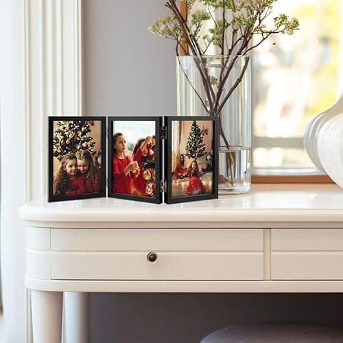 Space Art Deco Triple 4x6 Picture Frame, 3 4x6 Folding Photo Frame, Standing Vertically on Desktop or Tabletop, Home Decorative Christmas Holiday Gift, Black thumbnail 2
