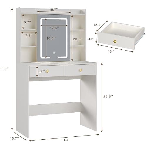 HUAHUU Vanity Desk with Mirror and Lights, 31" Makeup Vanity Desk with Lights 3 Colors, Small Vanity with 2 Storage Drawers & 6 Shelves for Girls Women Bedroom, White thumbnail 2
