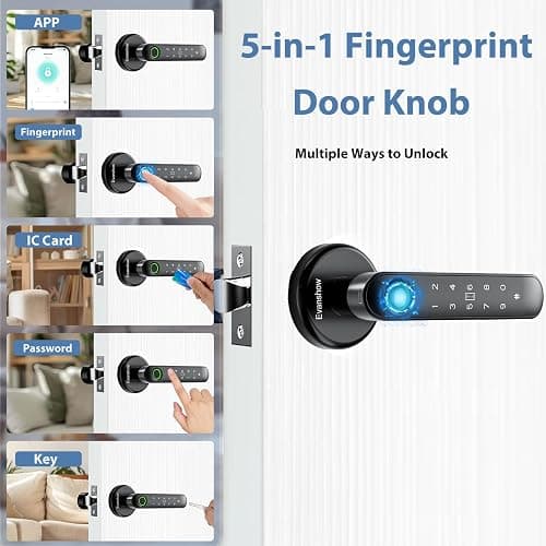 Evanshow Fingerprint Door Lock Biometric Door Knob with Keypad Keyless Entry, 5-in-1 Door Locks for Bedrooms(Fingerprint/App/Code/Key/IC Card), Home Hotel Office Apartment thumbnail 2