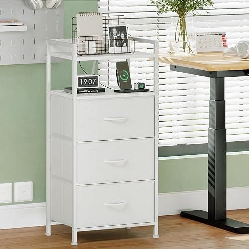 Somdot White Nightstand with Charging Station and LED Light for Bedroom, Tall 3 Drawers Dresser with Fabric Bins for Bedside Kids Dorm Room Closet Laundry Entryway, White Leather - White Leather - 11"D x 15.8"W x 33.5"H (3 Drawers) thumbnail 8