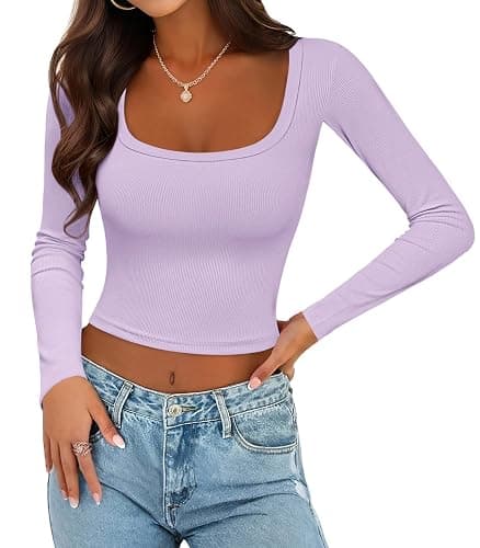 Ekouaer Womens Long Sleeve Square Neck Crop Top Ribbed Slim Fitted Going Out Y2K Tops Casual Basic Shirts Tee - Image 1