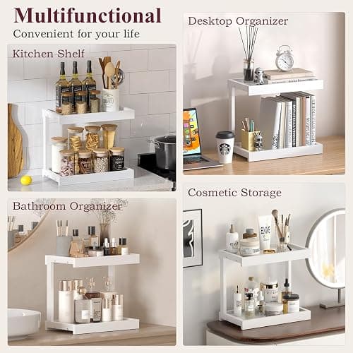 MARTY 2 Tier 15.75"x8.9" Large Countertop Shelf Organizer Spice Rack, Coffee Station Organizer for Mugs Cups, Wooden Shelf Desktop Storage Organizer for Kitchen Bathroom Home Office (White) thumbnail 8