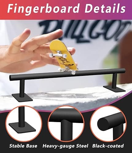 Professional Fingerboard Flat Rail Premium Solid Steel Construction Fingerboard Deck Fingerboard Ramp Great Add for Fingerboard Parks Black Powder Coated Finish Non-Slip Foam Feet (round) thumbnail 4