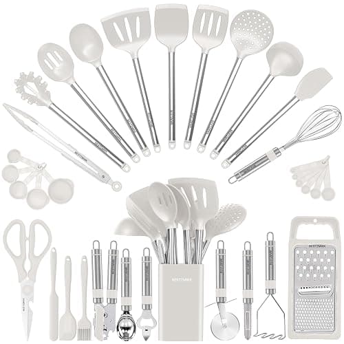 Kitchen Utensil Set-Silicone Cooking Utensils-33 Kitchen Gadgets & Spoons for Nonstick Cookware-Silicone and Stainless Steel Spatula Set-Best Kitchen Tools, Useful Pots (Cream White) - Image 1