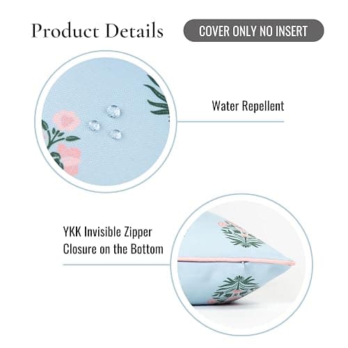 Hofdeco Premium Coastal Patio Indoor Outdoor Throw Pillow Cover Only, 18"x18" Water Repellent for Backyard, Couch, Baby Blue Blush Pink Floral with Piping thumbnail 5