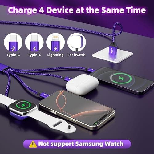 Travel Essentials 4in1 Multi Charging Cable for iPhone Watch Charger,USB A to Dual Type C/IP/iWatch Charger Travel Chargers for Multiple Devices Compatible with iWatch Series&iPhone 17-12 3Packs, 5FT thumbnail 2