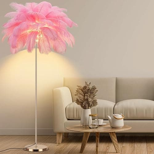 Fivemengo Feather Floor Lamp for Living Room, Fluffy Ostrich Feathers Lamp, Rose Gold Color Body, 3 Color Temperatures Modern Funky Arc Tall Standing Lamp for Bedroom Inclued Bright LED Bulbs (Pink) thumbnail 2