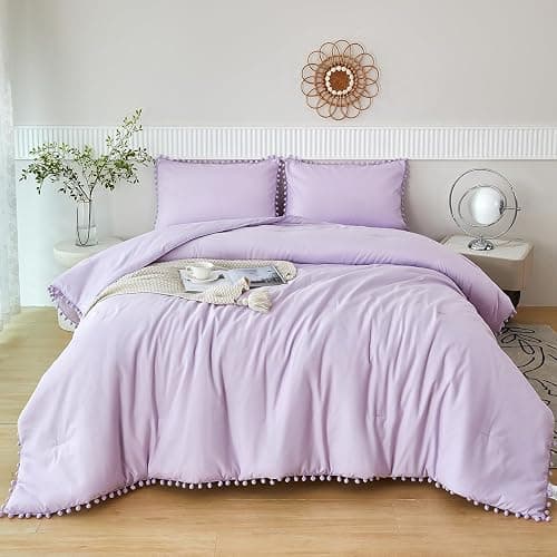 PERFEMET 5 Pieces Lavender Purple Comforter Set Twin Aesthetic Boho Solid Bed Comforter Sheet Set with Pompoms Soft Microfiber Light Purple Bed in A Bag for Girls Kids(Lavender, Twin) thumbnail 2