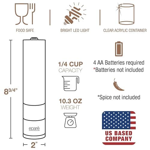 Eparé Brass Salt and Pepper Mill - Battery Operated Gold Pepper Grinder with Ceramic Burr - Automatic Steel Peppermills With LED Light - Gold or Brass Color thumbnail 7