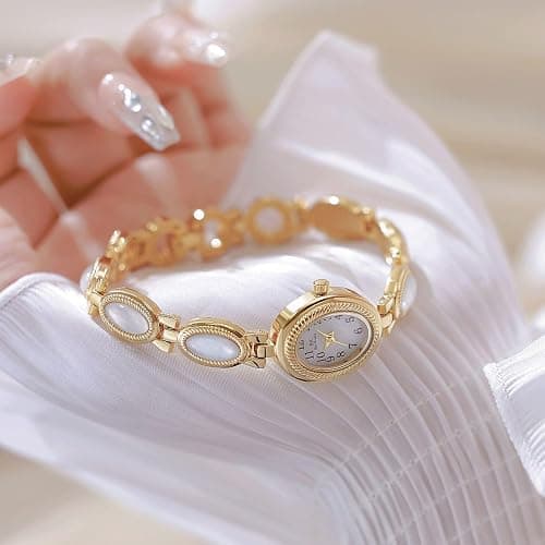 FANMIS Gold Tone Watches for Women with Small Vintage Bracelet Elegant Jade Oval Dial Dress Watch Fashion Quartz Wrist Watch Waterproof Watch thumbnail 5