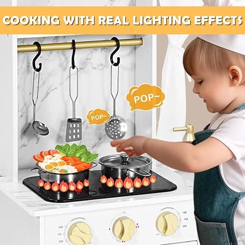 JOYLDIAS Play Kitchen, Wooden Kids Play Kitchen Playset Chef Pretend Play Set for Toddlers w/Ice Cube Dispenser, Oven, Cooking Accessories,Trendy Home Style w/Curtains, Storange Box, Gift for Ages 3+ thumbnail 4