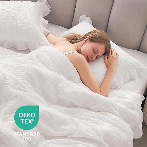 JOLLYVOGUE Queen Comforter Set, 3 Pieces White Seersucker Comforters Queen Size, Lightweight & Fluffy Bedding Sets Queen for All Season with 1 Ruffle Comforter and 2 Ruffle Pillowshams thumbnail 6