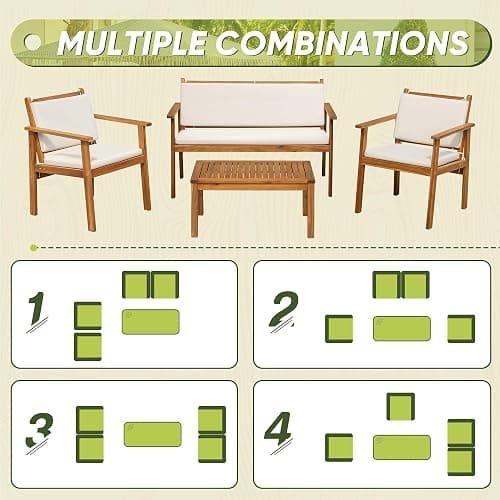 Flamaker Patio Furniture 4 Piece Outdoor Acacia Wood Patio Conversation Sofa Set with Table & Cushions Porch Furniture for Deck, Balcony, Backyard thumbnail 6