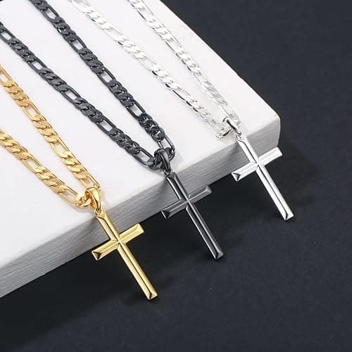 Ursteel S925 Sterling Silver Cross Pendant Cross Necklace for Men, Mens Cross Necklace 18K Gold Plated Silver Black Figaro Chain Necklace for Men Women 16 18 20 22 24 Inch Cross Necklace thumbnail 6