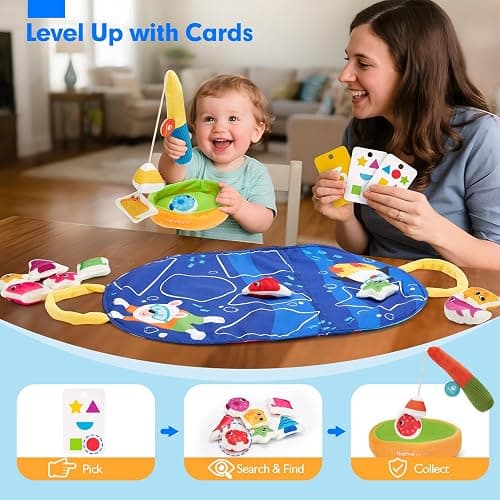 hahaland Montessori Toys for 1 Year Old - Fishing Game for Toddlers 1-3 with Shapes Colors Learning Mat, Dices, Fish, 2 Poles, Cards, 1 Year Old Educational Toys Toddler Games Ages 2 thumbnail 5